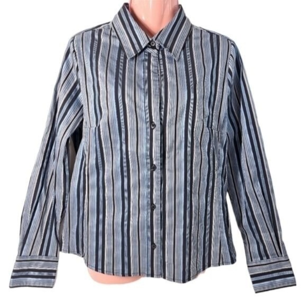 Apt.9 Women's Blue, Black & Turquoise‎ Long Sleeve Striped Collard Shirt M